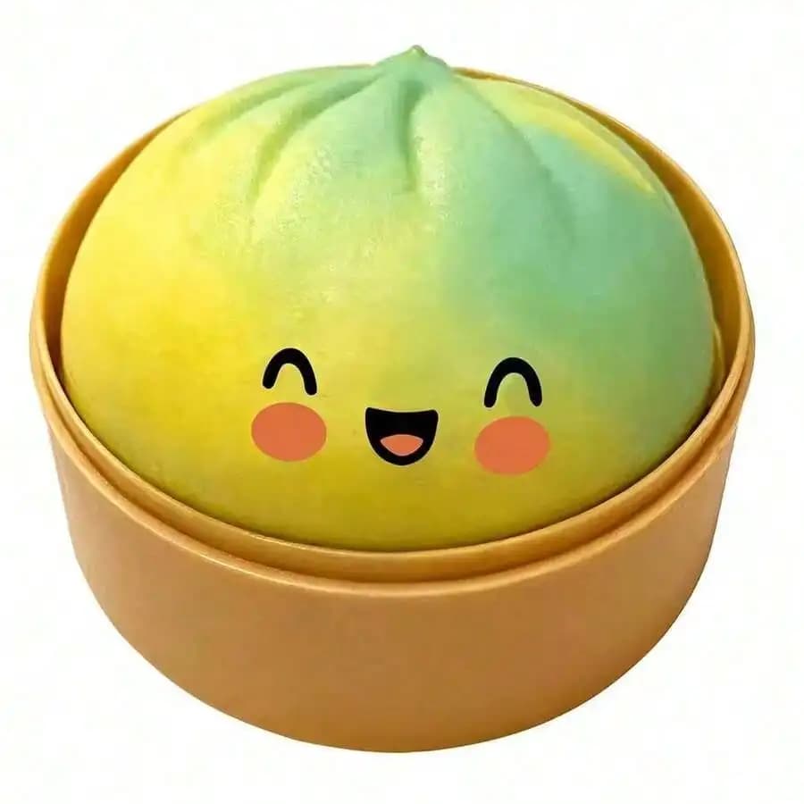 Realistic giant dumpling squeeze toy with bamboo steamer, soft dough, ball-shaped, eases the pressure on the toy, fun to play with, playful gift, blind box random selection