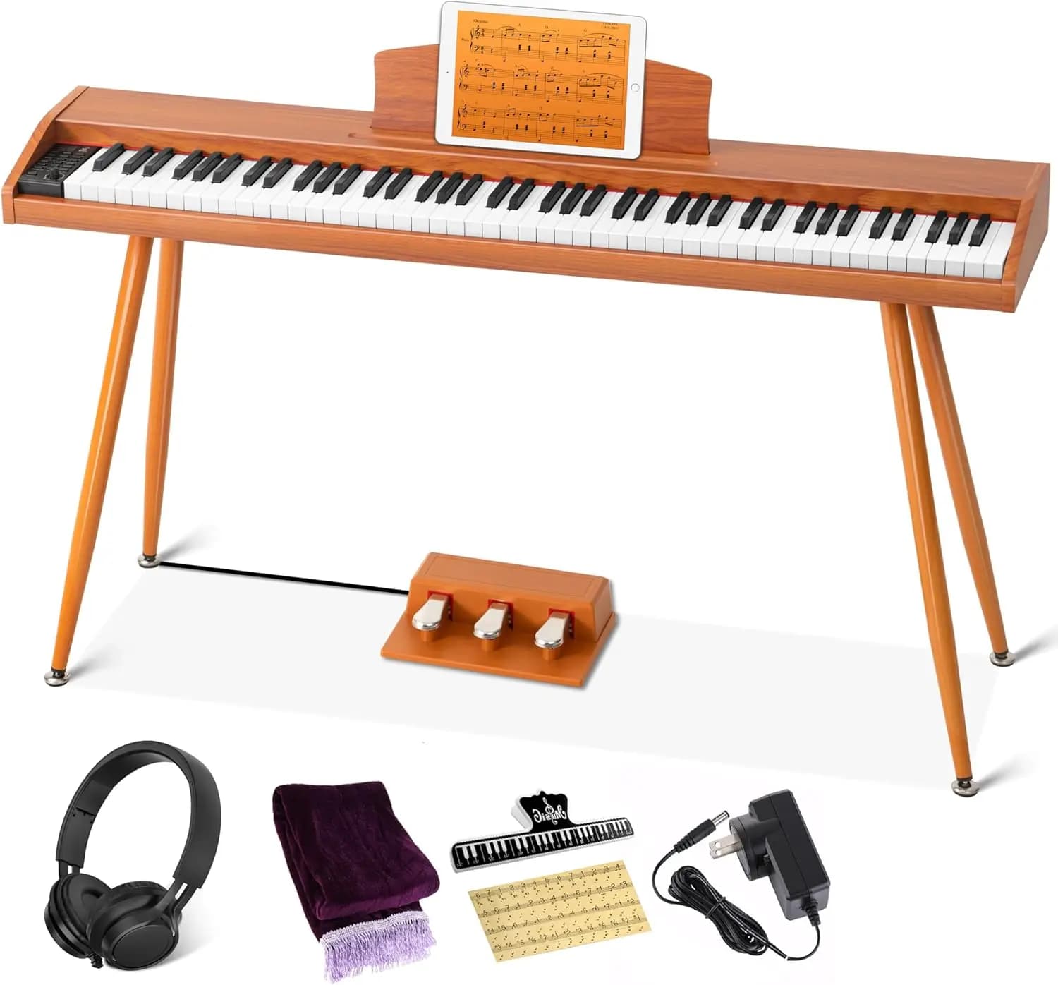 Pianoforte Digitale a 88 Tasti Semi-Pesati per Principianti con Supporto, Triplo Pedale, Cuffie e USB-MIDI
