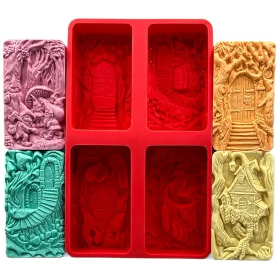 SOAP Silicone Mold Set of 4 Magical Designs: Fairy Door, GATE, Witch House, Dwarf for SOAP Making, Candle, Resin and Other Craf