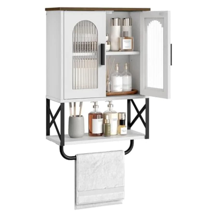 Armadietto da parete per bagno, armadietto porta medicinali con ripiano regolabile e portasciugamani, mobiletto portaoggetti da parete con 2 ante in vetro, per