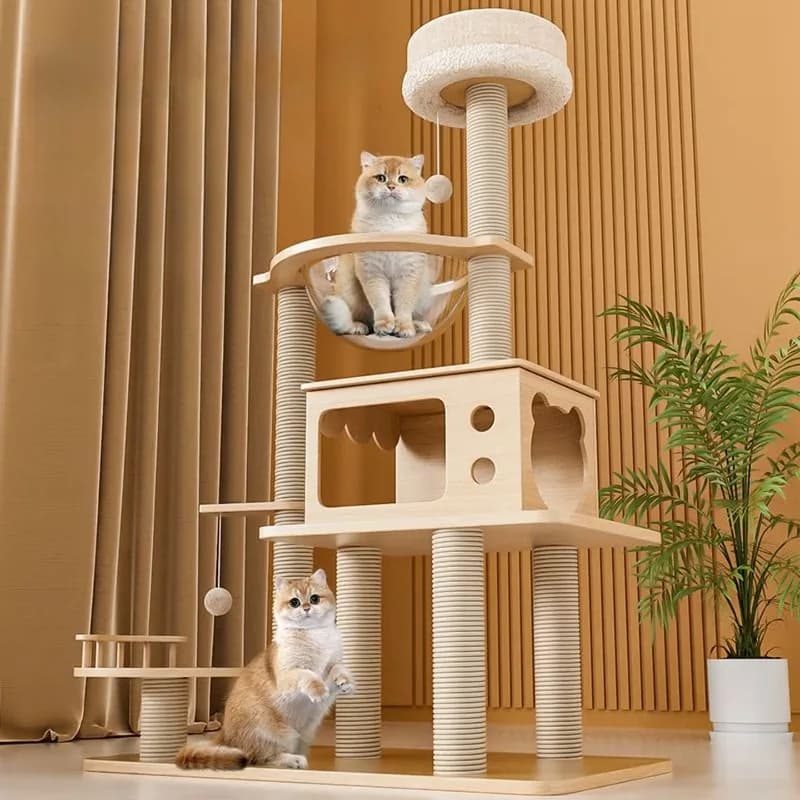 Multi-level Wooden Cat Tree with Space Capsule Hammock Cat Condo Sisal Scratching Posts for Indoor Cats
