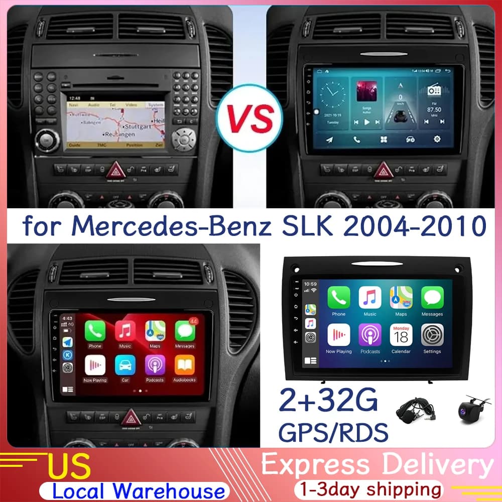 Lettore video multimediale stereo per auto Navigazione GPS 9'' con Android13 Carplay per Mercedes-Benz SLK (con finiture argento) 2004-2010