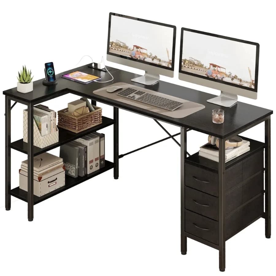 55 Inch L Shaped Desk with Power Outlets Computer Desk with 3 Drawers Shelves Monitor Stand Corner Work Rustic Brown