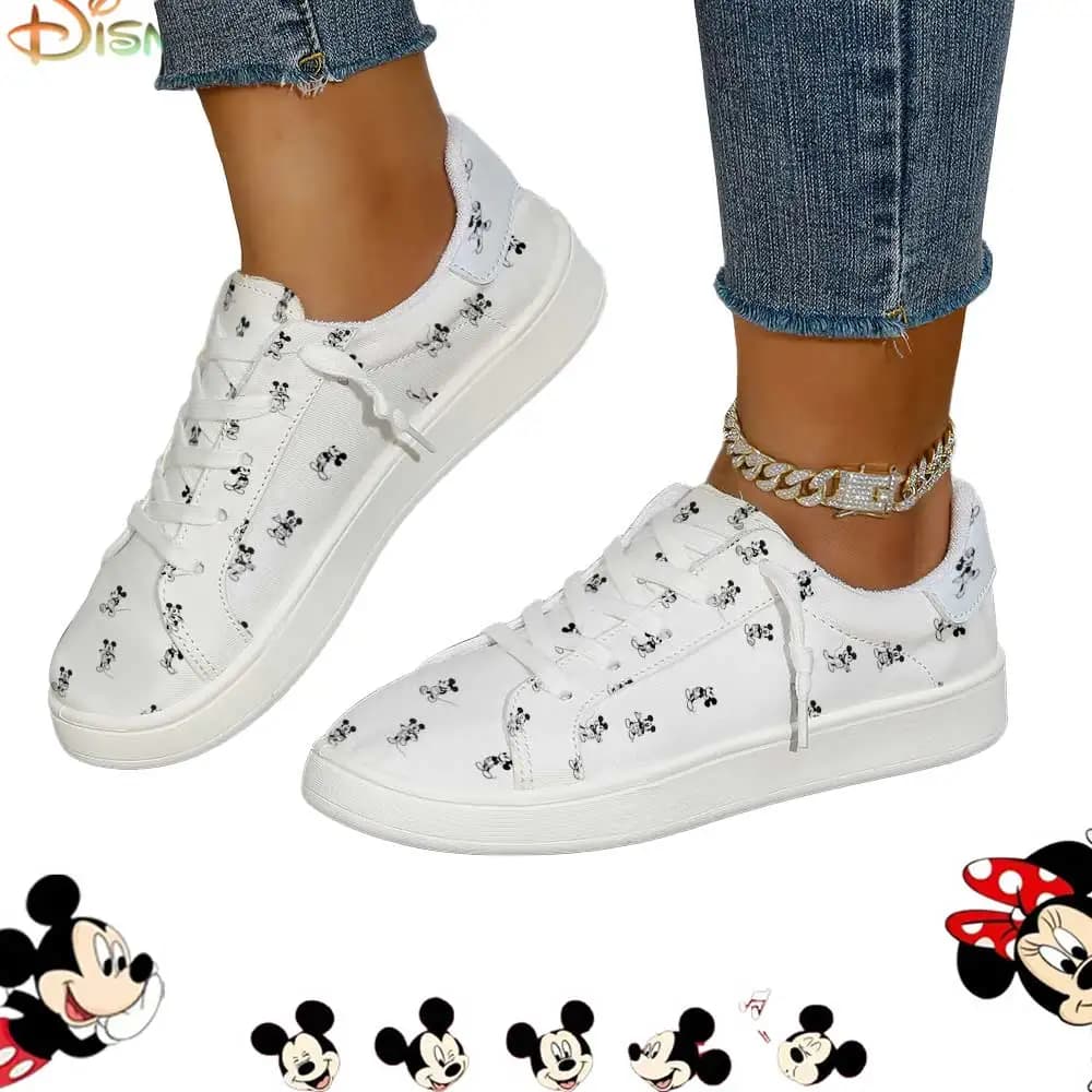 Sneakers casual da donna in tela bianca con stampa minimalista Disney Topolino
