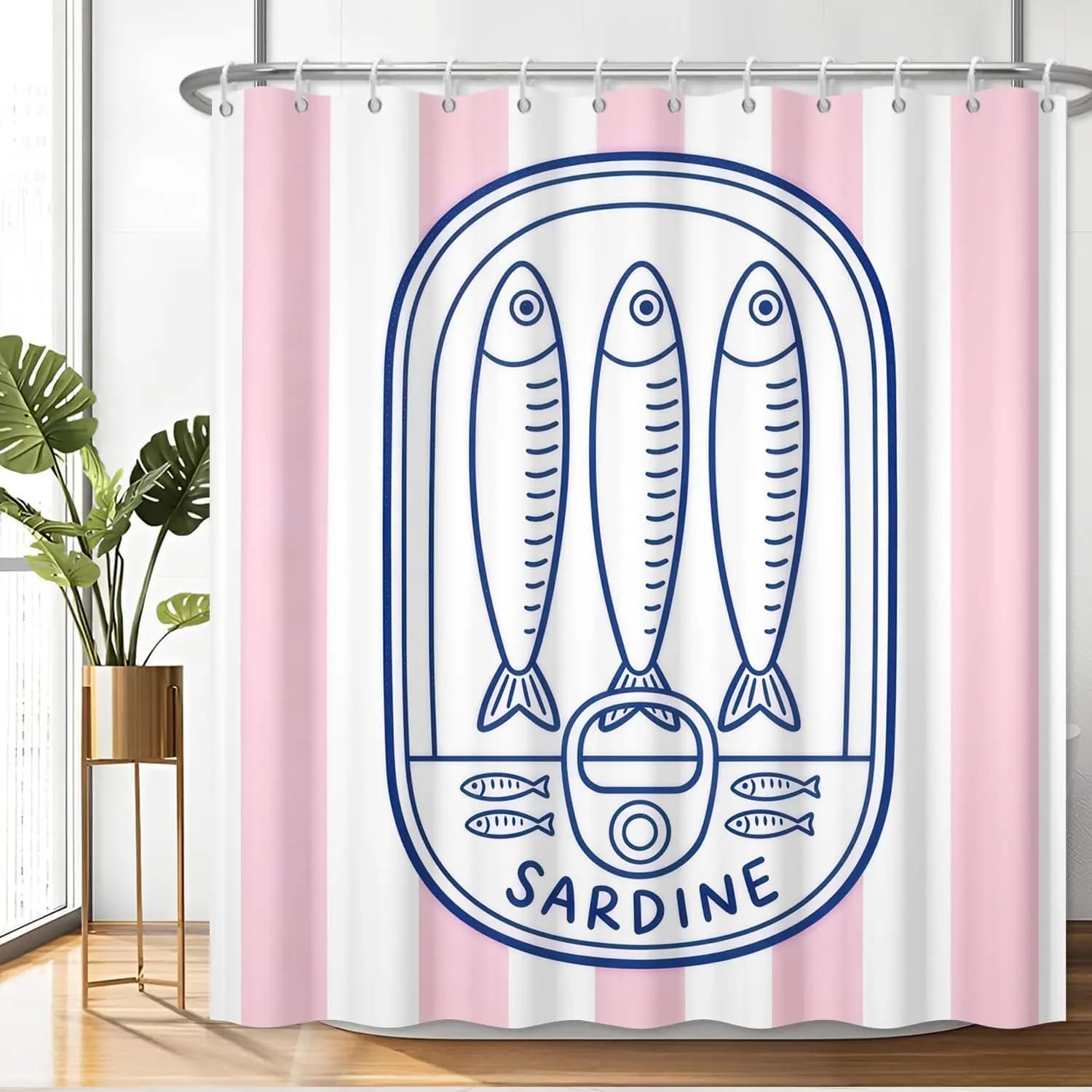 Tenda da Doccia con Stampa di Sardine Carine, Tenda da Bagno Impermeabile a Righe Rosa, Decorazione Nautica con Motivo a Pesci per Casa e Appartamento
