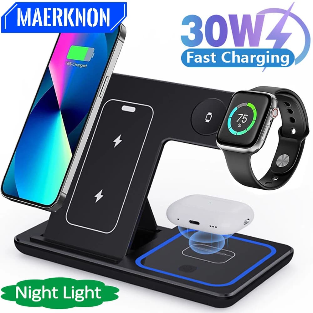 Supporto per caricabatterie wireless magnetico pieghevole 3 in 1 da 30 W per iPhone 16 15 14 13 Pro Max Apple Watch 9 8 7 Dock station di ricarica rapida