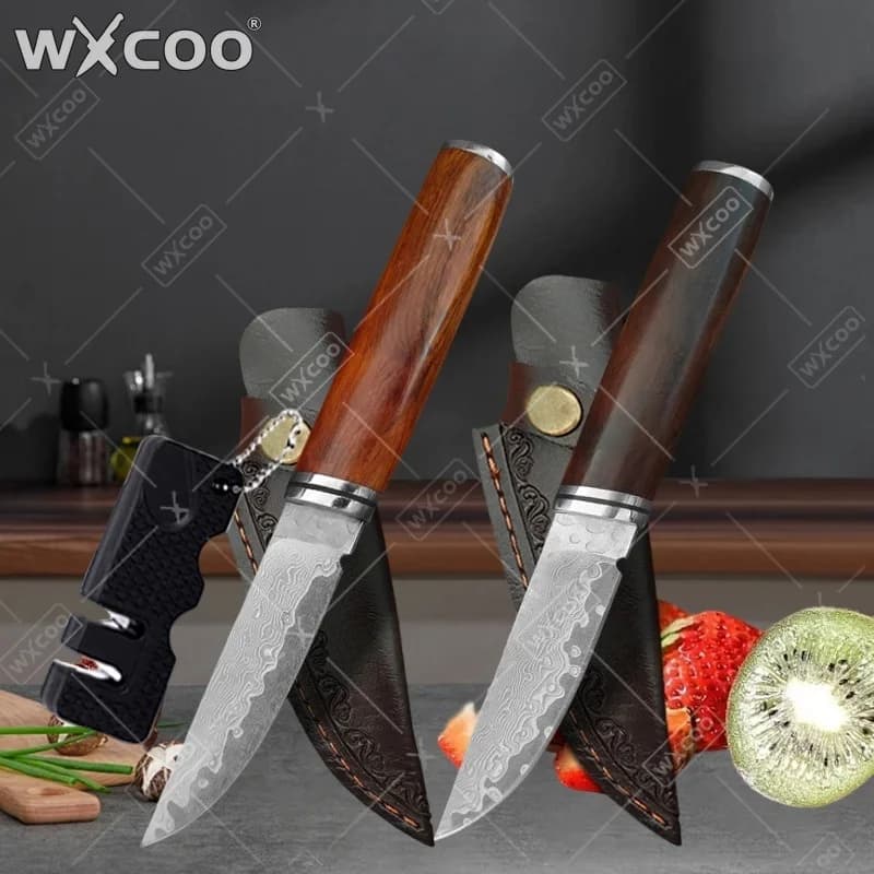 WXCOO Damascus Stainless Steel Kitchen Knife Butcher Knife Meat Cleaver Meat Cutting Boning Knife Multifunctional Sheath BBQ