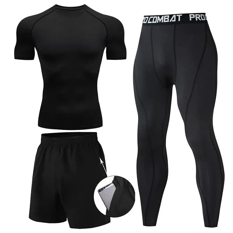 3 pezzi Tute fitness Set di compressione per allenamento atletico per uomo Manica corta Rash Guard Canottiera Top Leggings Pantaloni Pantaloncini