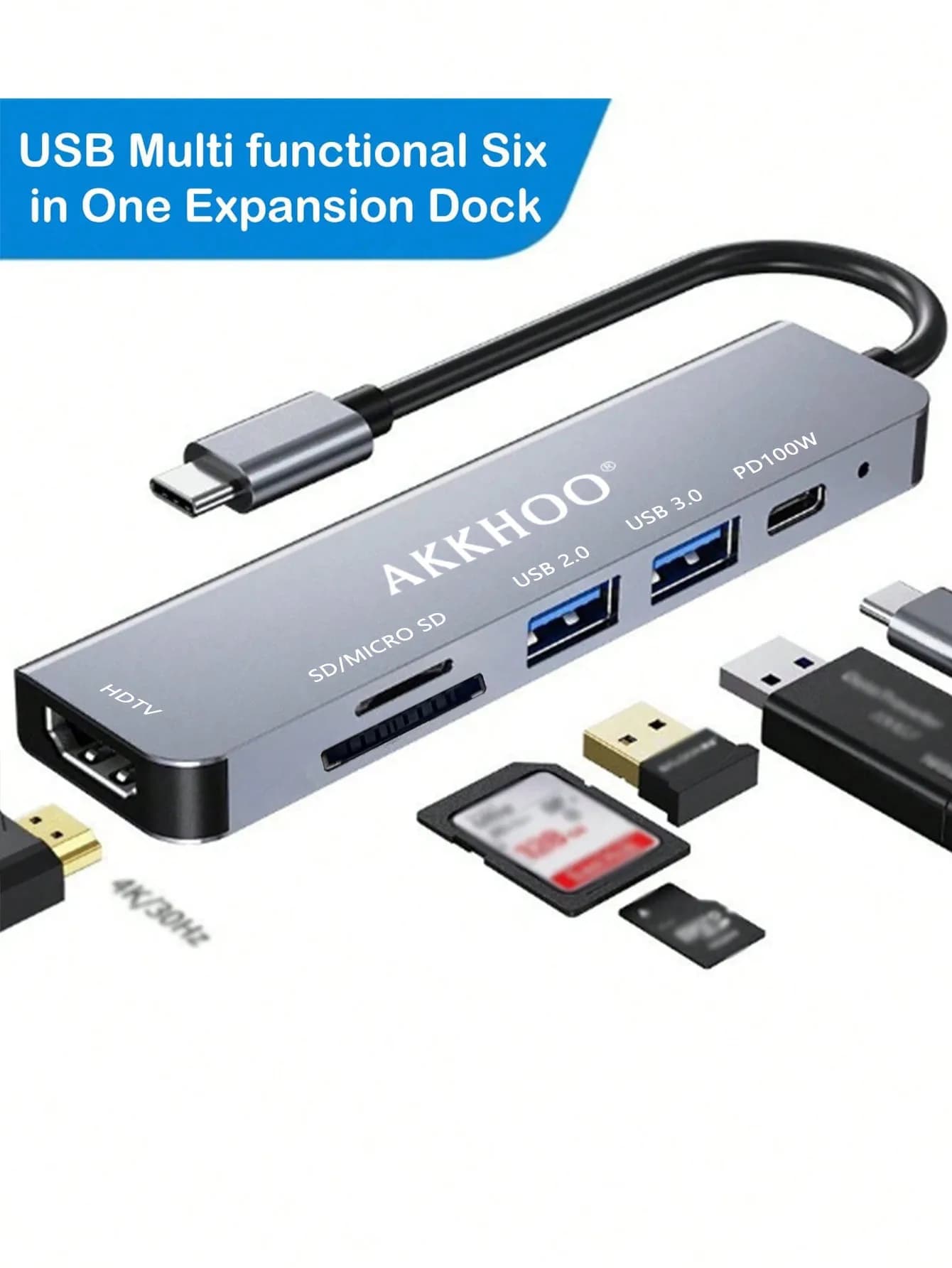 Docking station 6 in 1 di tipo c, supporta la ricarica rapida da 100 WPD, doppia slot per scheda SD/TF, docking station multifunzione portatile
