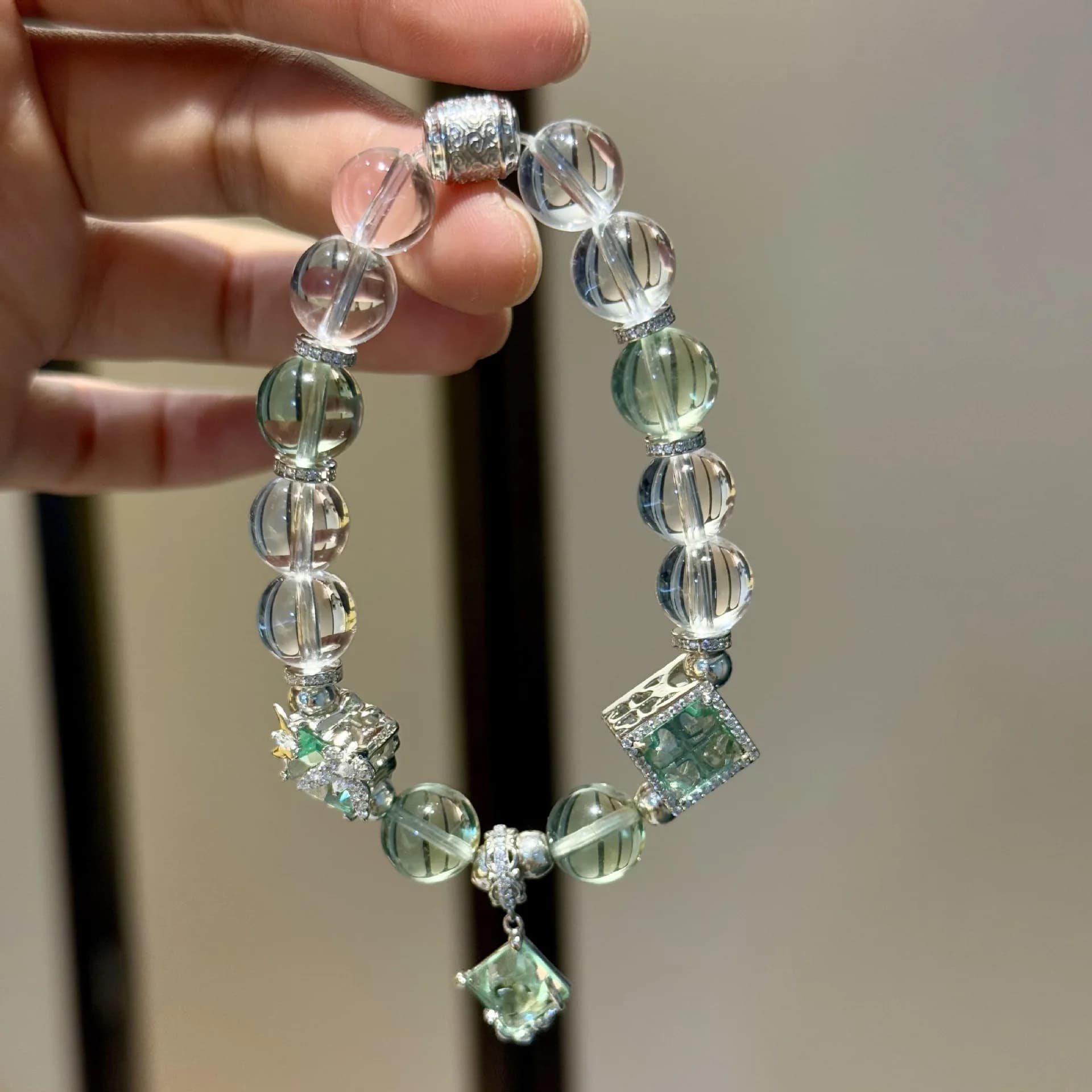 Bracciale in cristallo di roccia in argento sterling S925 - Perline a botte di fluorite verde, gioielli di design di nicchia color caramello fresco