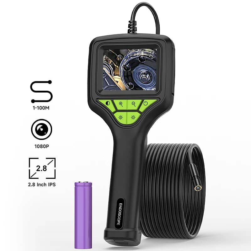 Endoscopio Industriale con Schermo IPS da 2.8'', Cavo da 2-100M, Sonda da 8mm, Telecamera Impermeabile per Ispezione Tubi, Boroscopio con 8 LED, Batteria Rimovibile