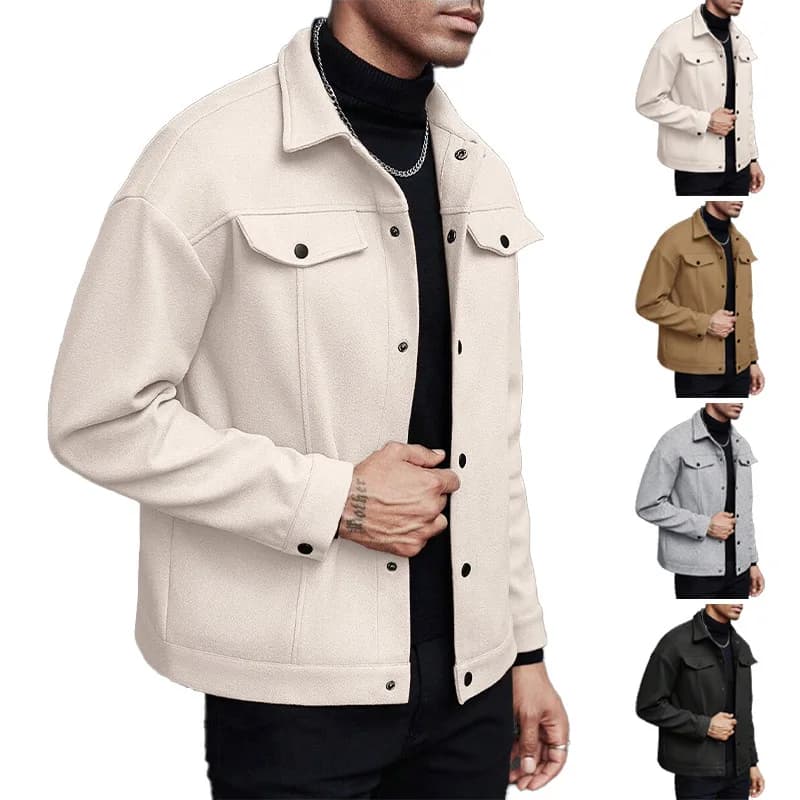 Men Wool Blend Lapel Work Jacket Faux Double Chest Pockets Button Loose Casual Street Coat Spring Autumn Winter Daily Outerwear
