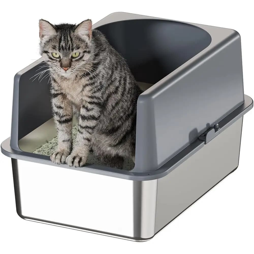 Lettiera per gatti grande e coperta in acciaio inossidabile, 20L x 14W x 12H, facile da pulire per gatti