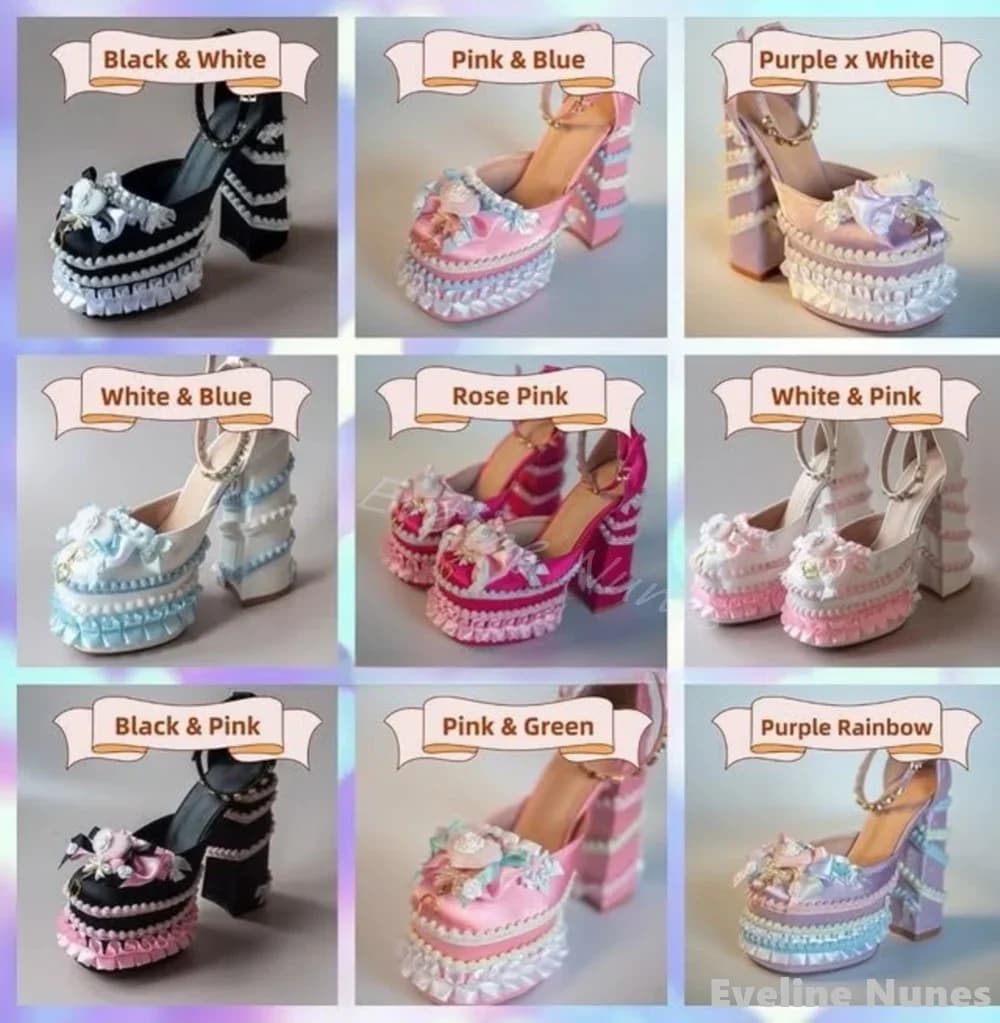 Sweet and cute Lolita high heels woman butterfly knot rhinestones ankle strap skirt cake sandals new party cosplay pumps with big heel