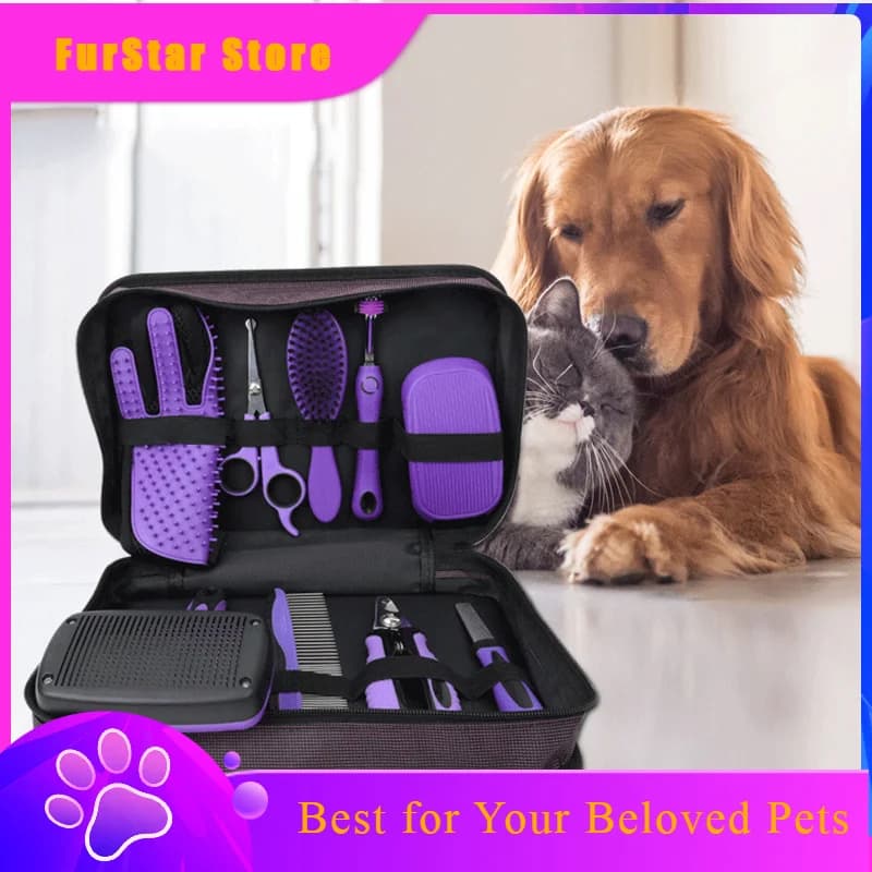 FurStar9Pcs Pet Grooming Comb Set, Hair Removal Comb For Dog, Gloves, Dog Shampoo Brush, Pet Nail Clippers, Dog Toothbrush Set