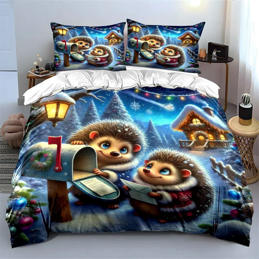 Warm winter night with two hedgehogs receiving mail Print Duvet Cover Bedding Set Included 1*Duvet Cover 2*Pillowcases
