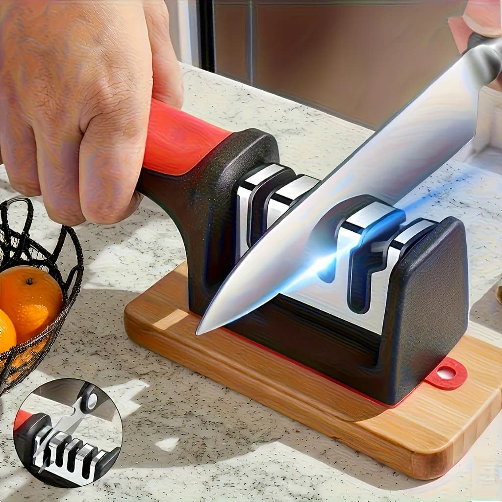 Affilacoltelli da Cucina Multifunzione 3-in-1 con Base Antiscivolo, Strumento Manuale per Affilare Coltelli e Utensili da Cucina
