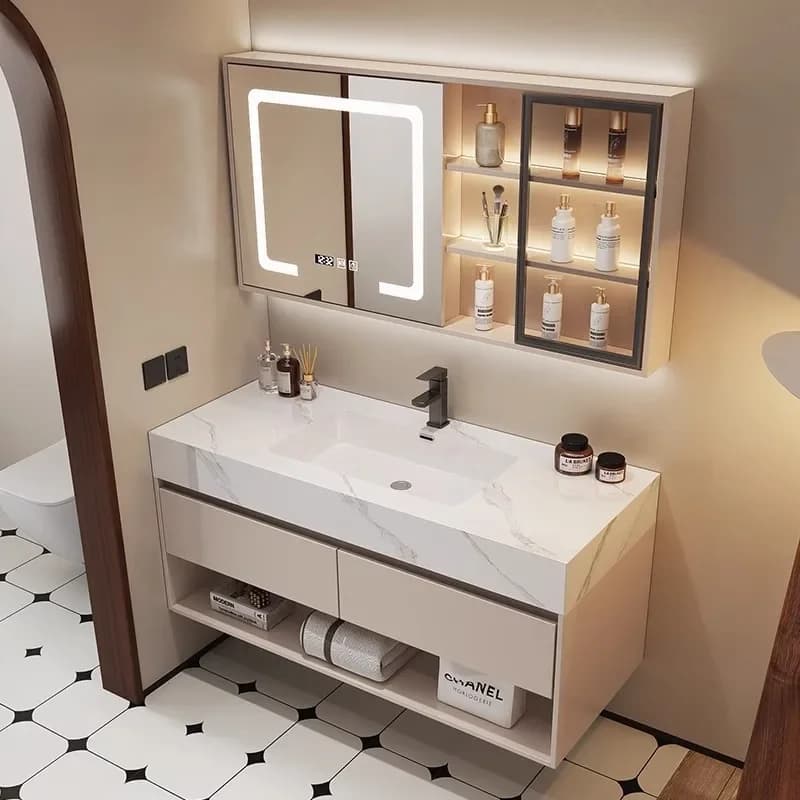 Lavabo da bagno moderno in ceramica di ardesia con mobiletto da bagno in legno massello, lavabo, lavabo, bagno di casa, WC