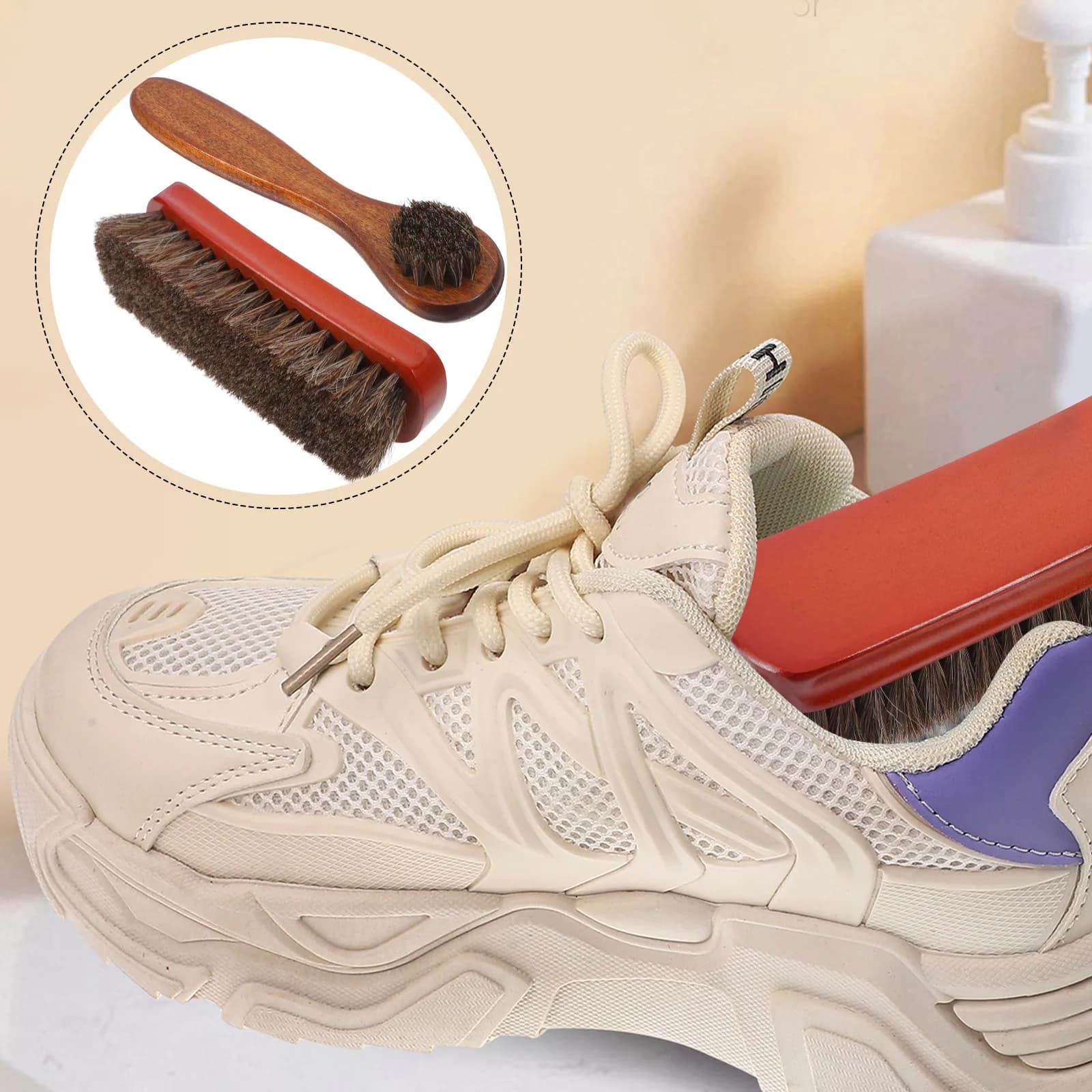 Set di 1 Spazzola per Scarpe in Pelle Scamosciata con Setole in Crine di Cavallo e Manico in Legno Massello per Lucidare, Spolverare e Cura delle Scarpe, Stivali e Sneakers
