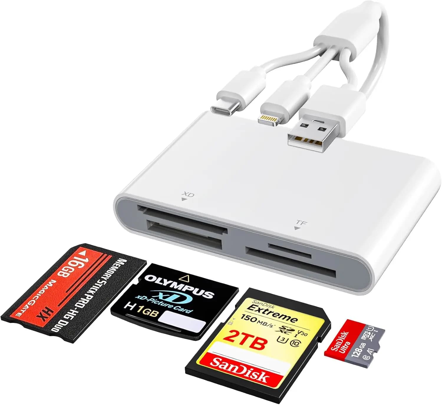 Lettore di Schede di Memoria 4-in-1 con Connettori Lightning/USB-C/USB-A per Schede SD/MicroSD/MS/xD, Compatibile con iPhone/Android/PC