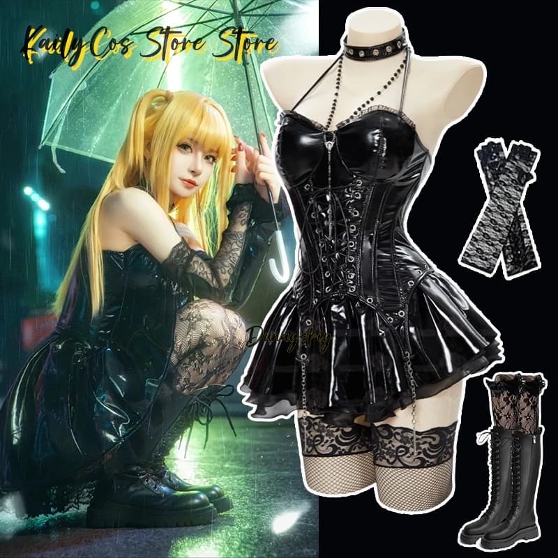 Miss Misa Abito da donna gotico scuro ssiCostume Corsetto con lacci Gonna superiore con calze a rete Maniche Set Abiti da gioco di ruolo anime