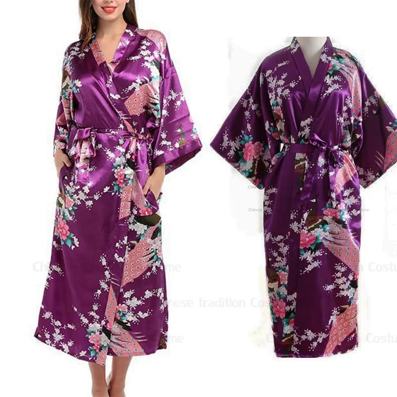 Women's Satin Bridal Bridesmaid Dress Long Kimono With Floral Print Bathrobe Women's Dress Spring Night Shirt Sexy Homewear Pigiama