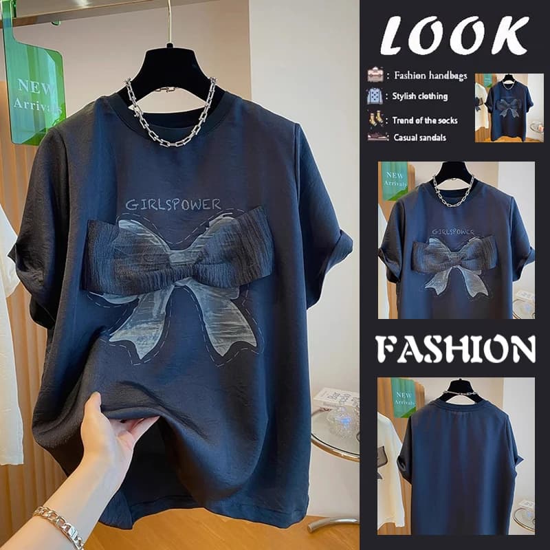Elegant Satin Short Sleeve T-Shirt Women's Loose Design Knot Fashionable Lightweight Summer Top Quality Feel