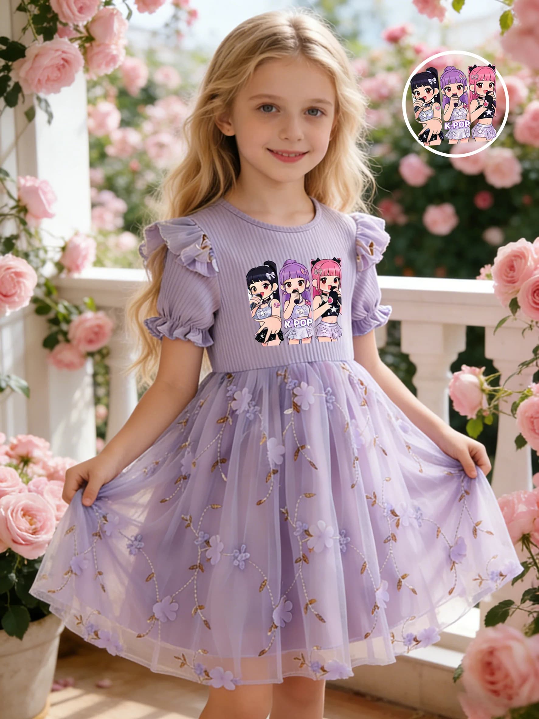 Ins Style Girls Dress, Ribbed Flutter Sleeve Top + Gold Thread Cherry Blossom Tulle Skirt