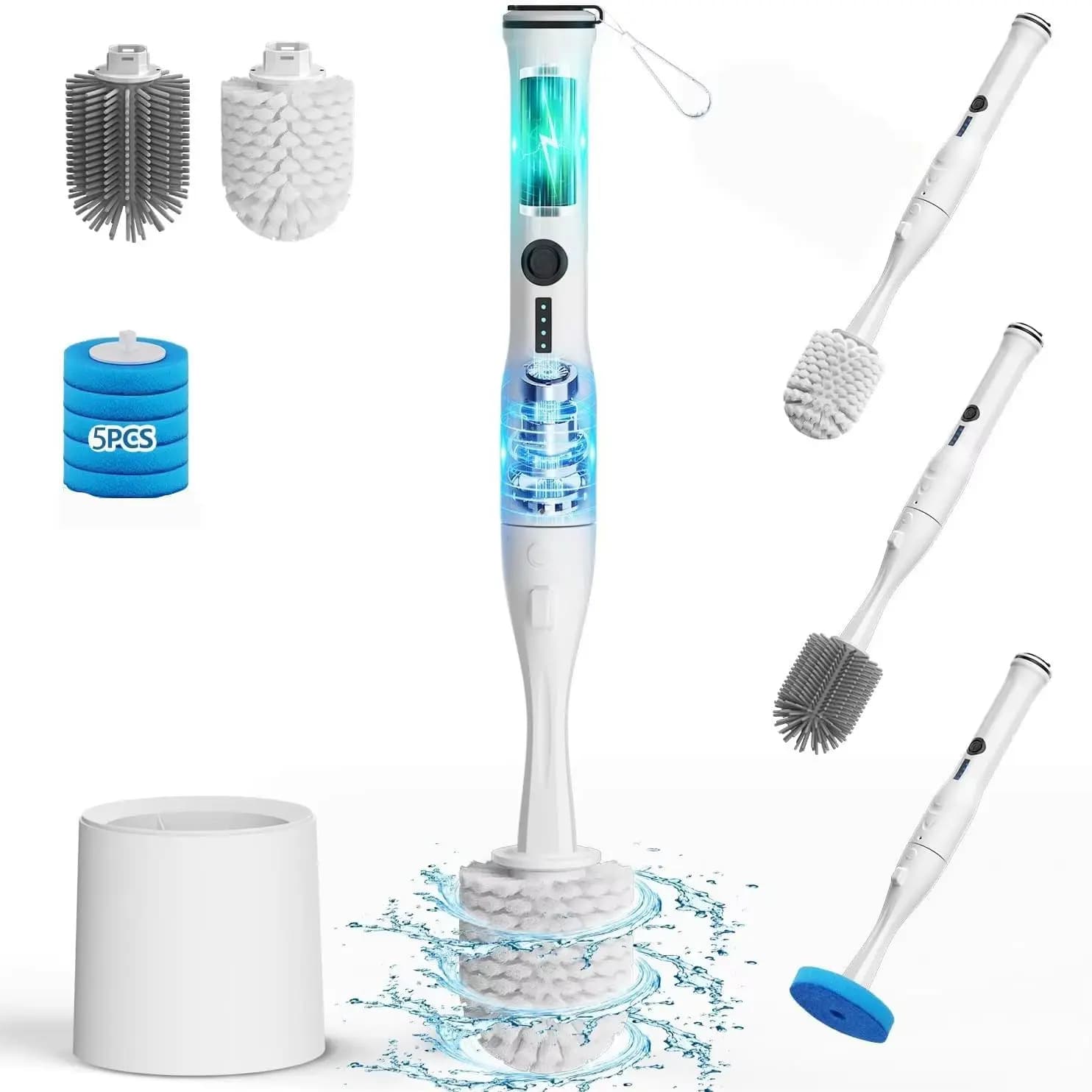 Set di spazzole elettriche per WC con supporto, spazzola in nylon rigido e spazzola in silicone morbido, 5 ricariche di spazzole monouso per la pulizia