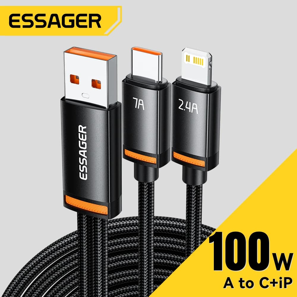 Essager 7A 100W 2 in 1 USB Cable USB Type C Fast Charger USB Type C Data Cable For IP 16 15 14 13 12 Samsung Xiaomi Huawei