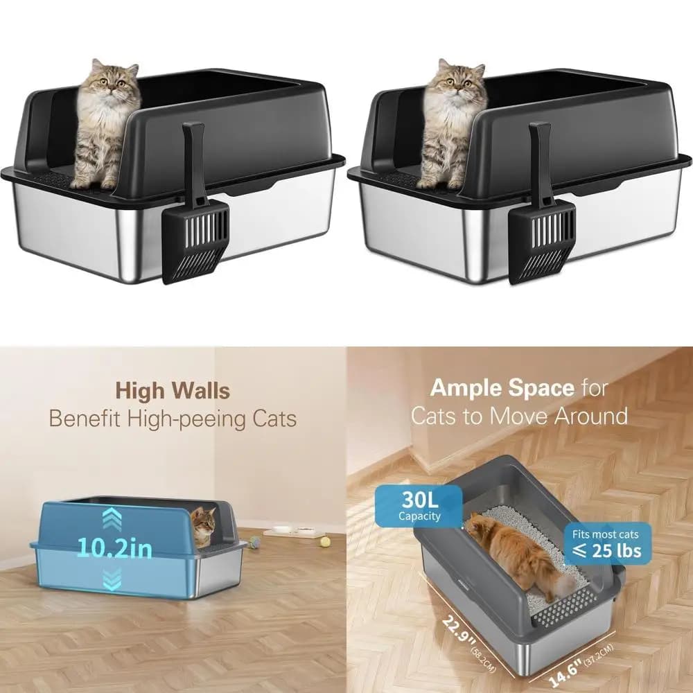 Lettiera per Gatti Extra Large in Metallo Nero con Coperchio, Bordi Alti per Gatti Grandi, Antiaderente, Facile da Pulire, Anti-Perdita