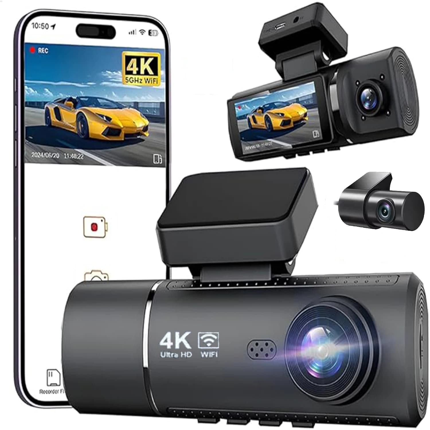 UHD 4K 3 Channel Dash Cam 3 Inch Screen WiFi Built-in GPS with IR Night Vision, G Sensor, WDR24H Parking Monitor