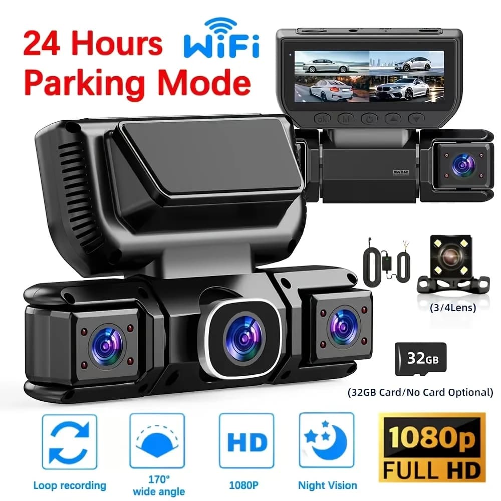 360° 3/4 Lens Dash Cam USA, 4 Channel Front/Rear/Left/Right Recording, Night Vision, 3.16" IPS Screen With WiFi, G-Sensor, Parking Mode, 32GB Card Optional/No Card
