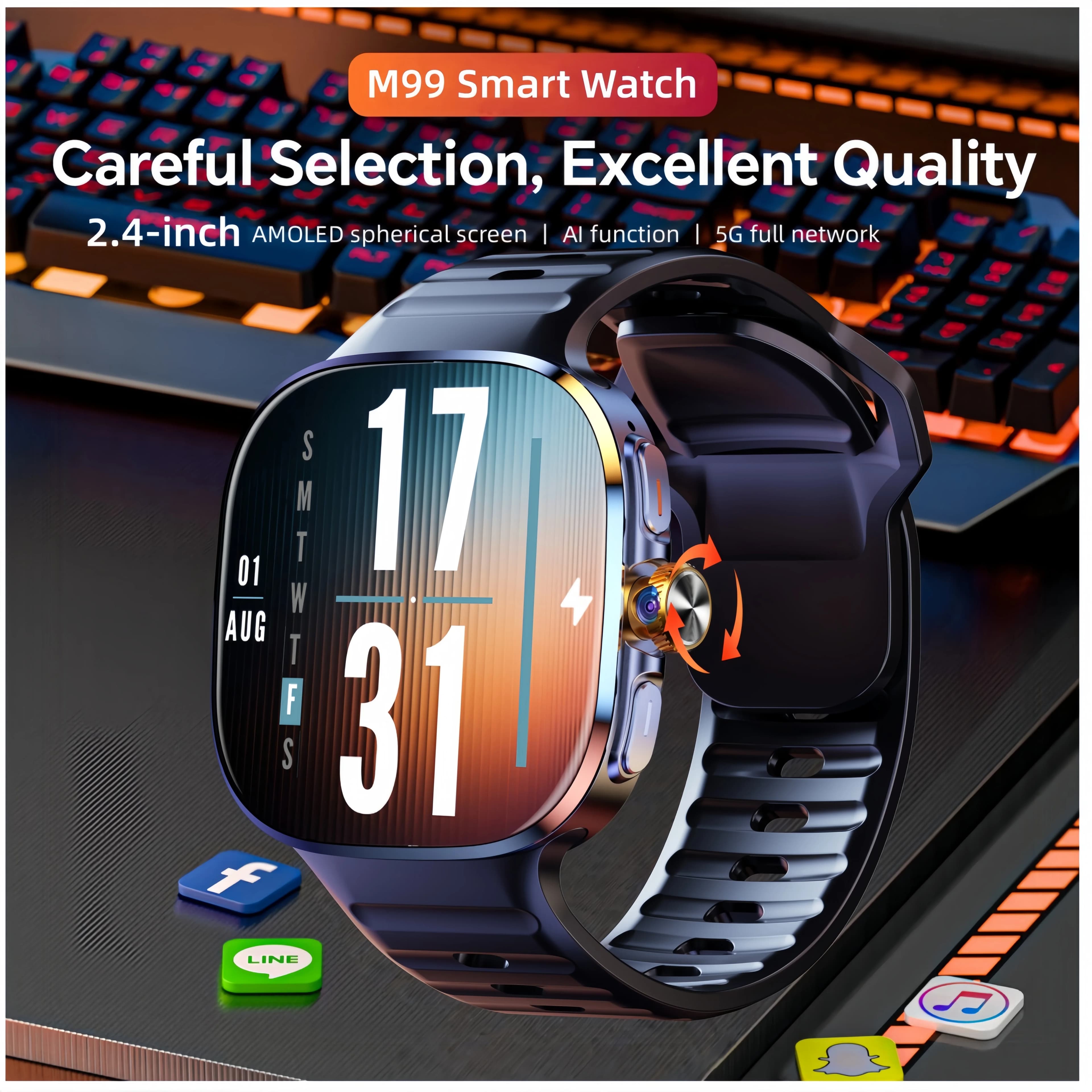 Original M99 Smartwatch with 2.4 Inch AMOLED Screen 4G/5G SIM Card Slot GPS WiFi 190° Rotating Camera Android 10.0 Gaming Watch