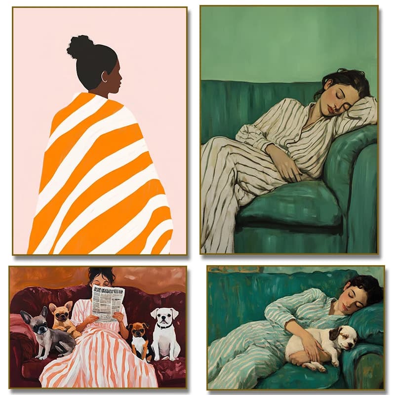 Reading Woman with Puppies Diamond Painting Striped Woman Portrait Poster Print Wall Art for Living Room Home Decoration