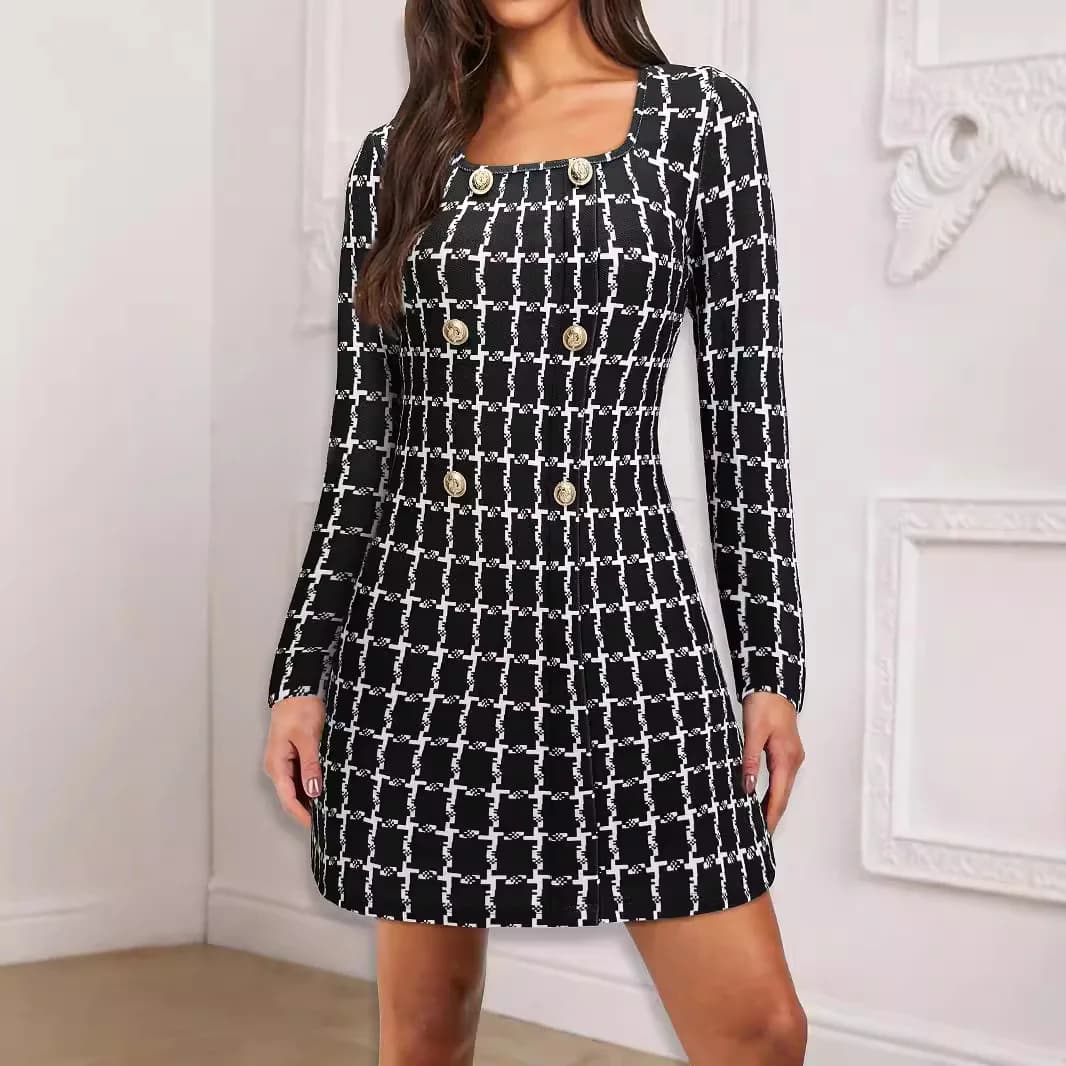Women's Clothes New Elegant Lady Cloth Square. Neck Plate Print Button Decoration Long Sleeve Clothes Sexy Party Lace