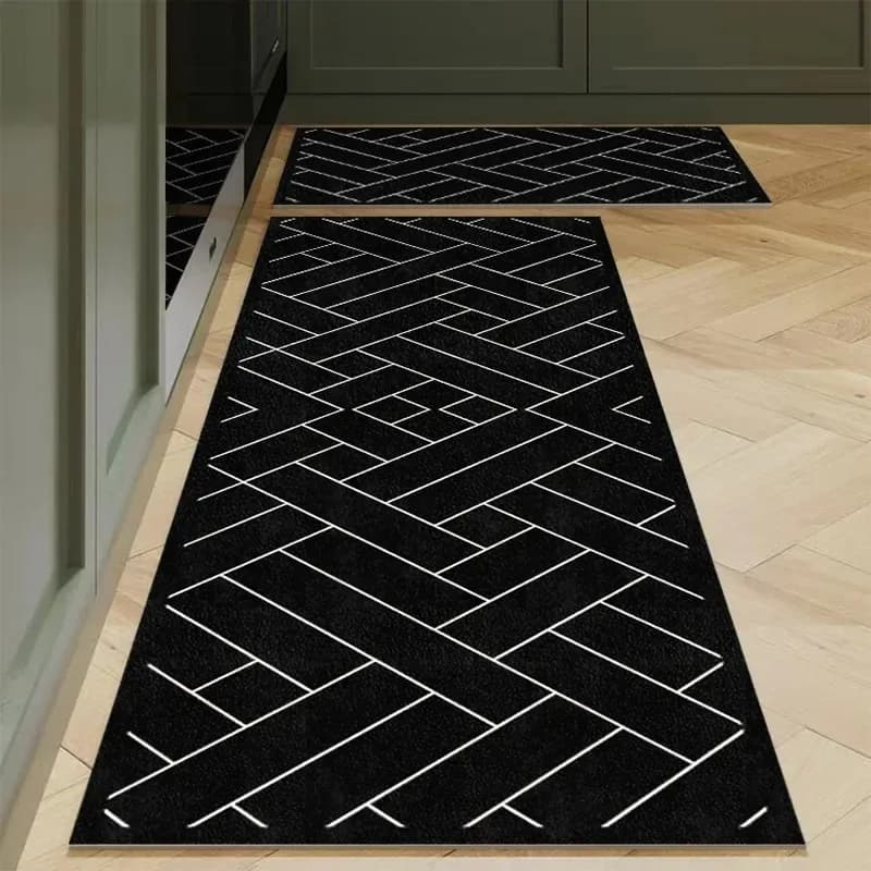 Set di Tappeti da Cucina Minimalisti Bianco e Nero a Spina di Pesce, Tappeto Geometrico Antiscivolo per Corridoio e Ingresso, Lavabile