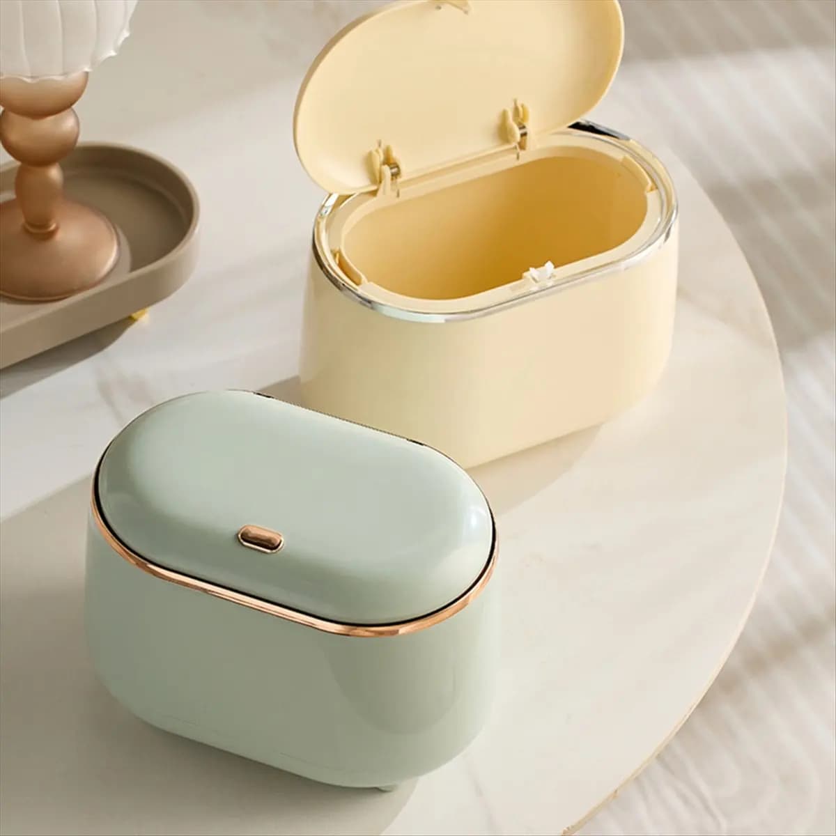 SUPERSALE Press-Type Desktop Small Trash Can with Lid,Small Storage Bucket Tiny Desktop Waste Garbage Bin,White