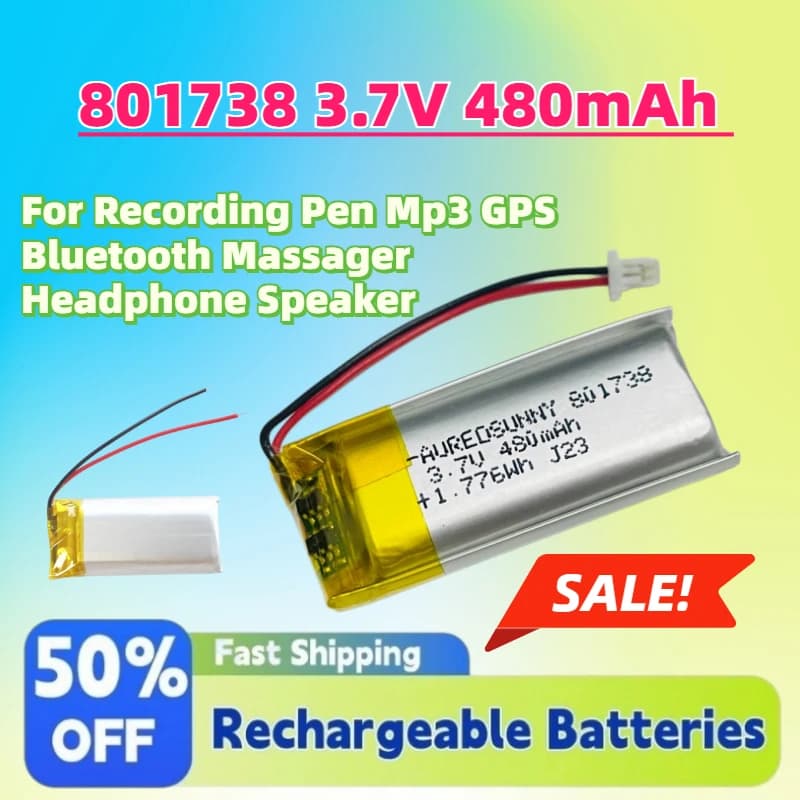 In Stock New 801738 3.7V 480mAh Li-Polymer Rechargeable Battery for Recording Pen Mp3 GPS Bluetooth Massager Headphone Speaker