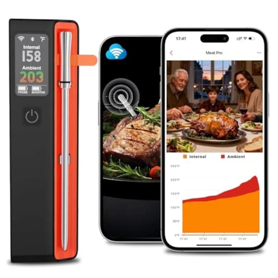 Termometro per Carne Wireless Bluetooth Smart - WiFi a Raggio Illimitato, 1 Sonda Ultra-Sottile, 6 Sensori con Precisione Certificata NIST per