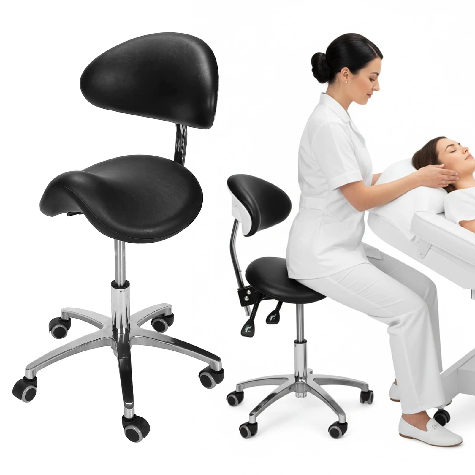 Sgabello a sella con ruote e schienale regolabile in altezza 50-55 cm per parrucchieri, dentisti, saloni e studi di tatuaggi
