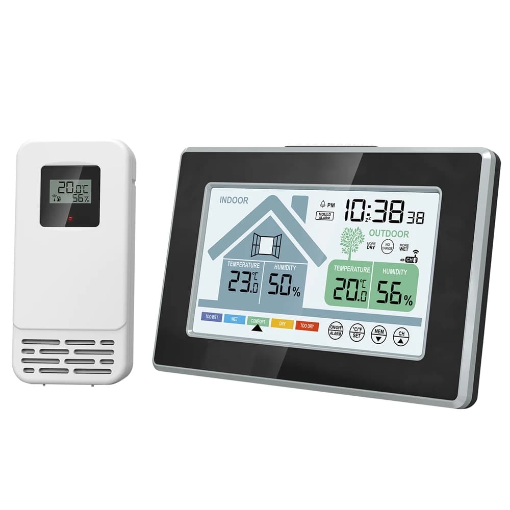 Wireless Igrometer Thermometer with Touch Screen, Alarm Clock, Internal/External Thermometer, Calendar, Max/Min Registration, Comfort Indicator