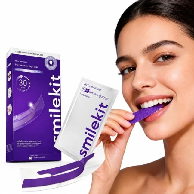 Set di 7/14 Coppie di Patch Sbiancanti per Denti SmileKit, Rimuovono le Macchie, Premium PAP+ Senza Perossido V34, Adesivi Sbiancanti Viola