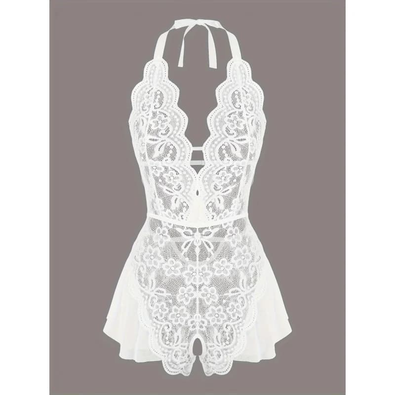 Affascinante Body in Pizzo a Rete, con Bordo Smerlato, Scollo a V Profondo e Apertura all'Inguine, Lingerie e Intimo Sexy da Donna