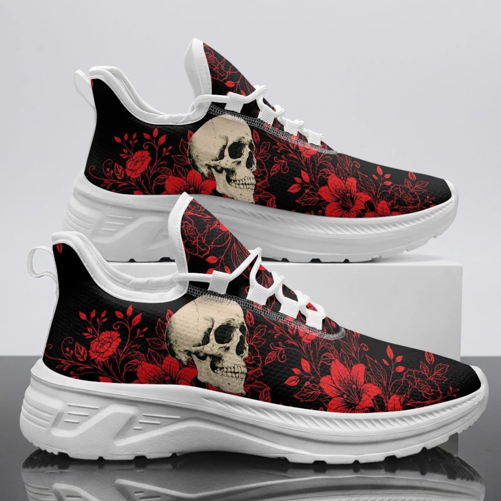 XIXIRIMIDO Skull Rose Mesh Sneakers Women'S Running Shoes Men'S Commuter Shoes Soft Breathable & Lightweight Comfortable 35-48