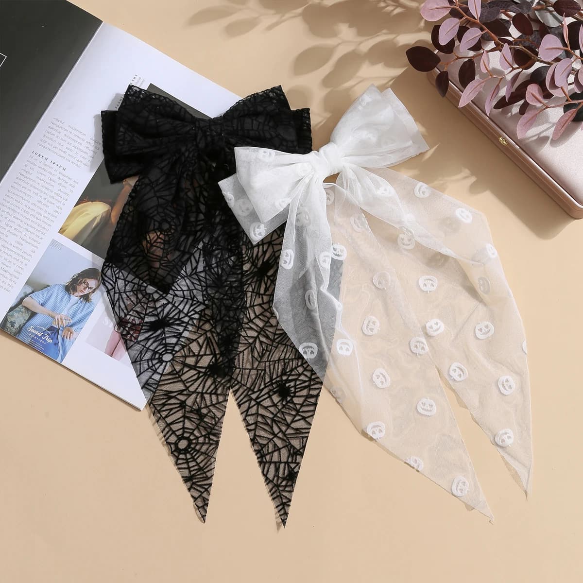 1pc Spider Web Bat Skull Black Mesh Veil Halloween New Bow Hairpin Hair Accessory Temperament Versatile Spring Clip