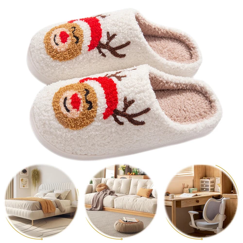 Pantofole di peluche di alce di Natale antiscivolo calde scarpe da casa slip-on pantofole termiche piatte pantofola di renna pelosa per l'autunno inverno