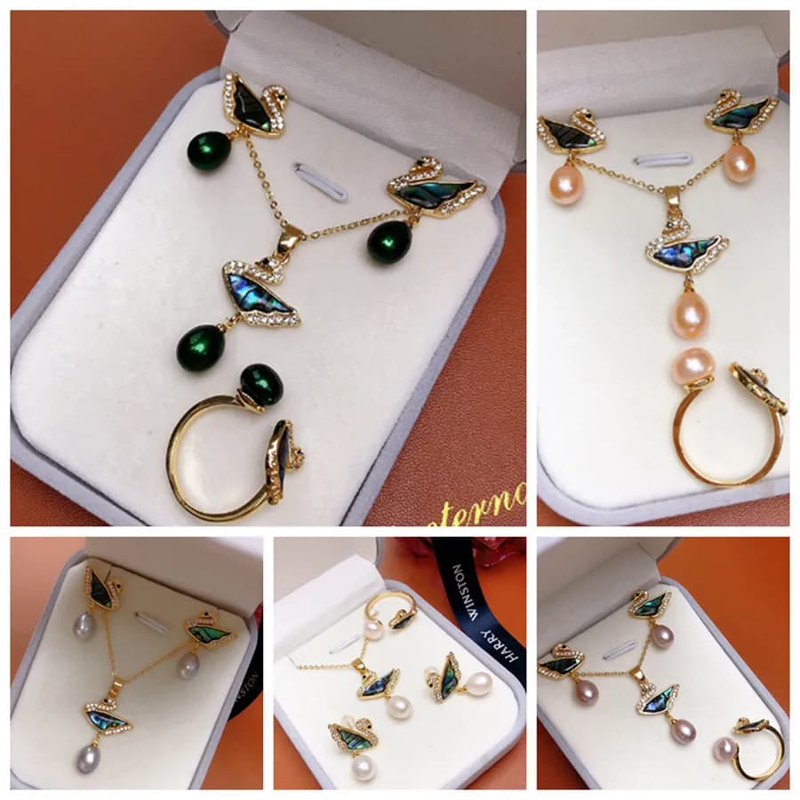 Natura 7-8mm Pearl 18KGP Abalone Swan Pendant Necklace Ring Earrings Set AAA
