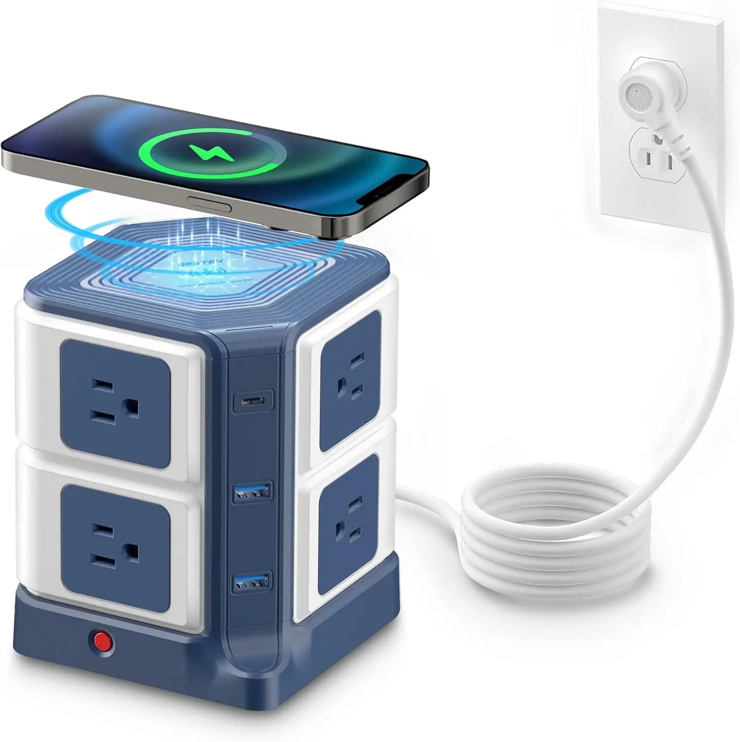Multipresa con Protezione da Sovratensioni a 8 Prese, Caricatore Wireless da 10W e USB-C da 20W, 4000J, Spina Piatta, Cavo da 1,8m, Certificazione ETL