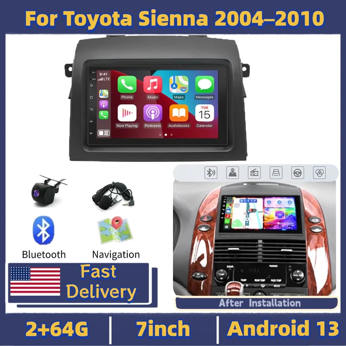 Autoradio 7 Pollici con GPS e Navigazione 2+64G per Toyota Sienna 2004-2010, Compatibile con Carplay, Android Auto, Bluetooth, Android 13